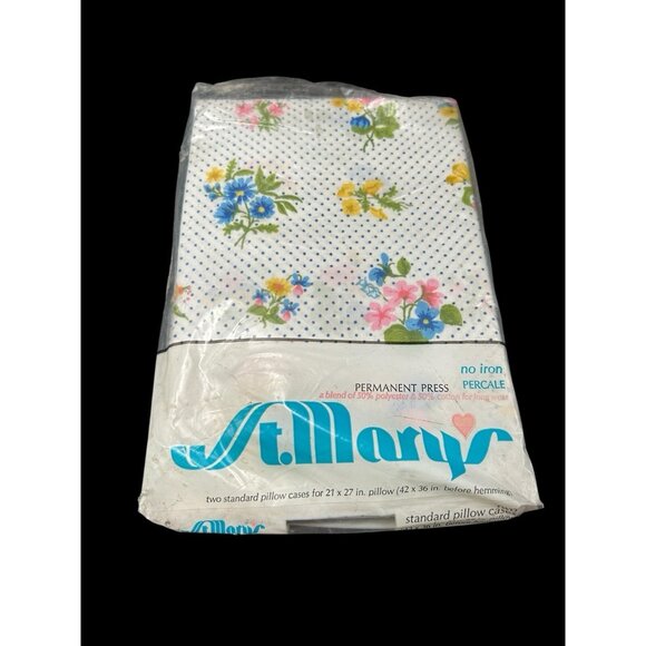 St. Mary's Vtg No Iron Percale Floral & Dot Pillowcase Set White New Old Stock - Picture 4 of 5